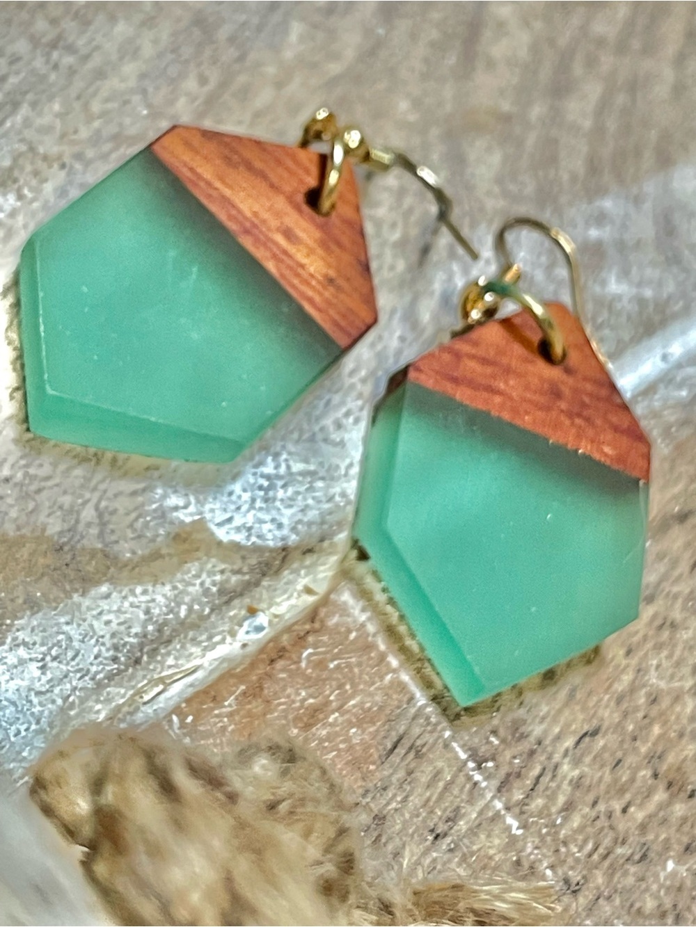 Handcrafted Seafoam Green Resin and Wood Geometric Drop Earrings - Elegantique